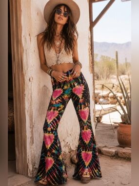Lakhays Tie-Dye Hearts High-Rise Wide Leg Flare Legging Pants Black Pink Hippie